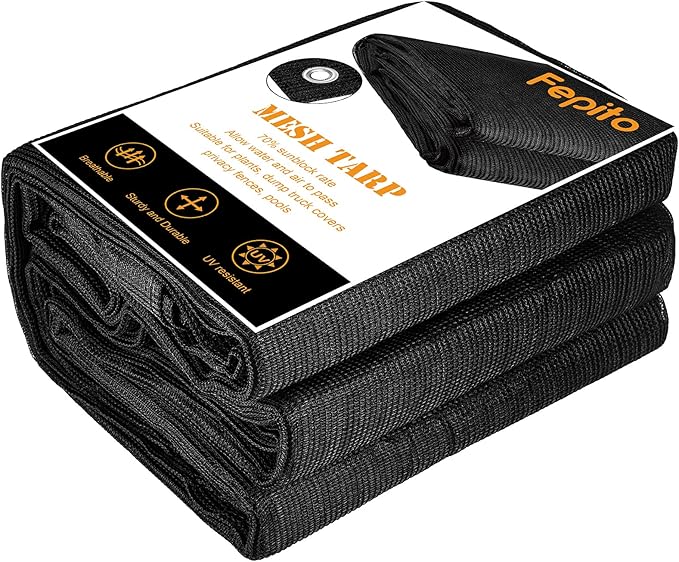 FEPITO Heavy-Duty Mesh Tarp 10ftx20ft Black Mesh Shade Net Cover for Patio, Fences, Garden, Dump Trucks