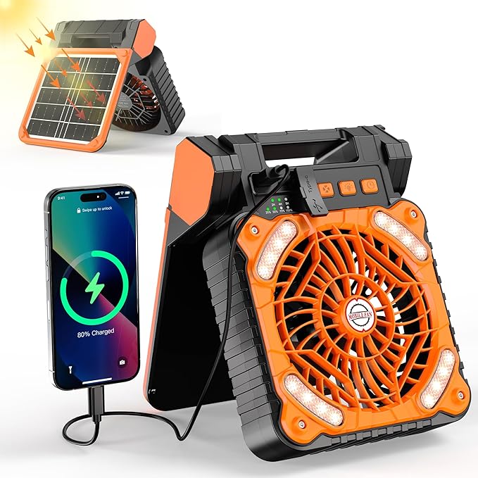 KITWLEMEN Solar Camping Fan with Lantern - Rechargeable Battery Operated Fan, 18H Run Time Max, 4 Speeds, 8H Timer, 90° Adjustable Portable Desk Fan for Hurricane, Power Outage, Outdoor Use