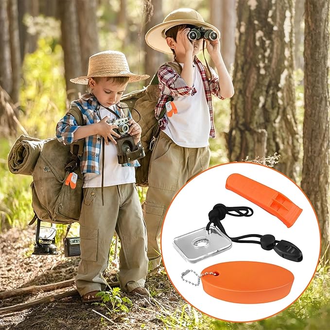 Outdoor Rescue Signal Mirror Floating Whistle Combo Survival Kit Flash Signaling Mirror Emergency Whistle Orange Float for Backpacking Camping Hiking Activities