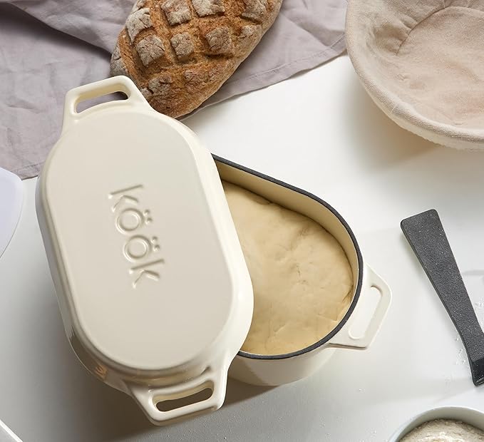 KooK Dutch Oven, for Bread Baking, Sourdough Loaf Pan, with Lid, Dual Handles, Enameled Cast Iron, includes Lid Lever, Dishwasher Safe, 3.4 Qt, Ivory