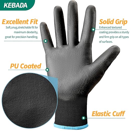 Kebada 120 Pairs Work Gloves Bulk Pack, Mens Work Gloves with Grip, PU Dipped Gloves for Warehouse, Construction, Gardening and Mechanics, Black, Small