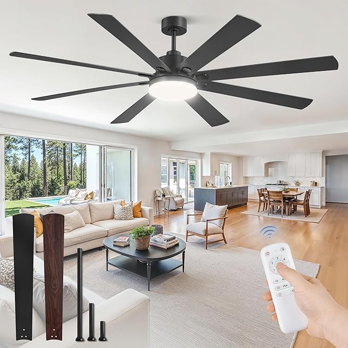 72 Inch Large Ceiling Fan with Remote, Indoor/Outdoor Industrial Ceiling Fan with Large LED Panel, Quiet Reversible DC Motor, 6-Speed, 3CCT, Black Ceiling Fans with Light for Patio, Livingroom, Garage