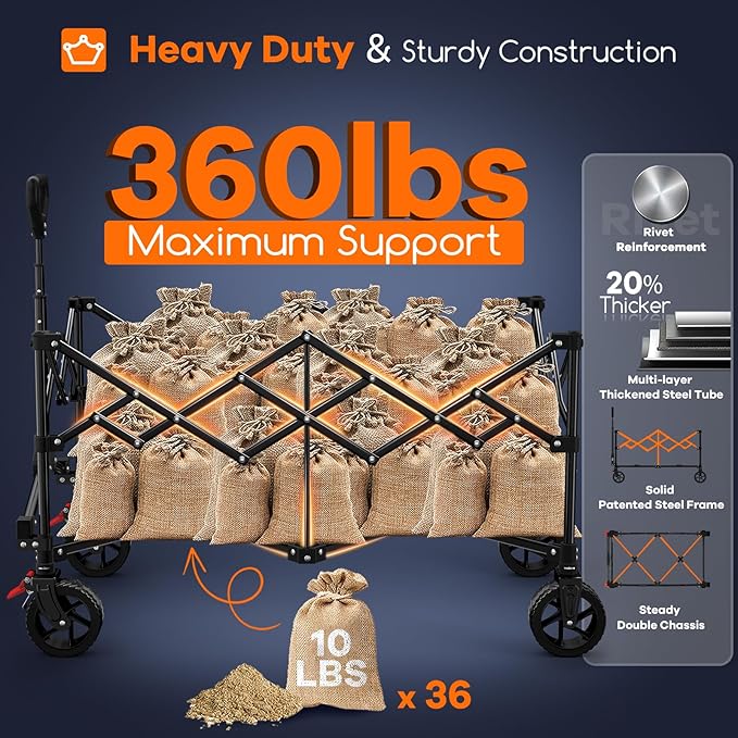 38" L Collapsible Wagon Cart Foldable, 360LB Load Capacity 220L Heavy Duty Folding Beach Wagons with All-Terrain Wheels, Utility Carts for Camping, Sports, Shopping, Groceries - Black