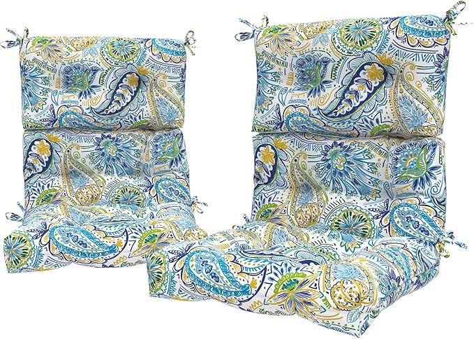 LVTXIII 2 Pack Outdoor/Indoor High Back Chair Cushions, Deep Seat Patio Seat and Back Cushion Set, Stuffed High Rebound Foam Rocking Chair Cushions, 44”x22”x4”, Paisley Blue