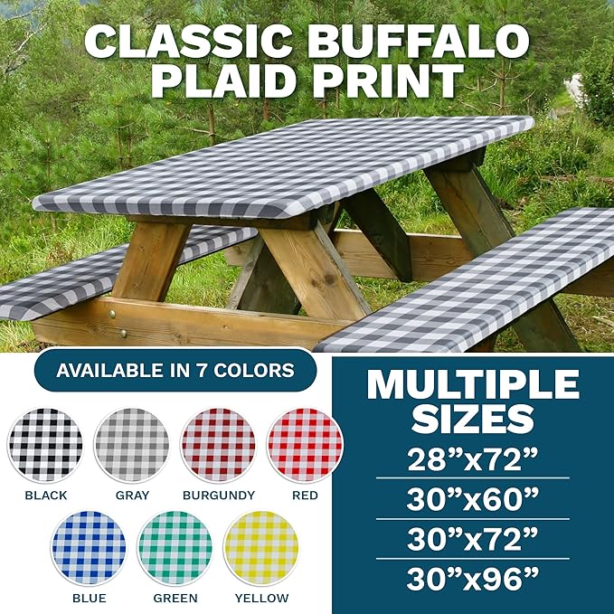 Sorfey Picnic Table Cover with Bench Covers -Fitted with Elastic, Vinyl with Flannel Back, Fits for Table 30"x 96" Rectangle,Water Proof, Checked Grey Design