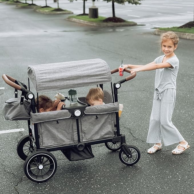 Wagon Stroller for 2 Kids, Foldable Kids Wagon Cart Featuring with Harnesses, Adjustable Double Push Handle, Removable Canopy, Snack Tray, Large Storage Bag, Gray