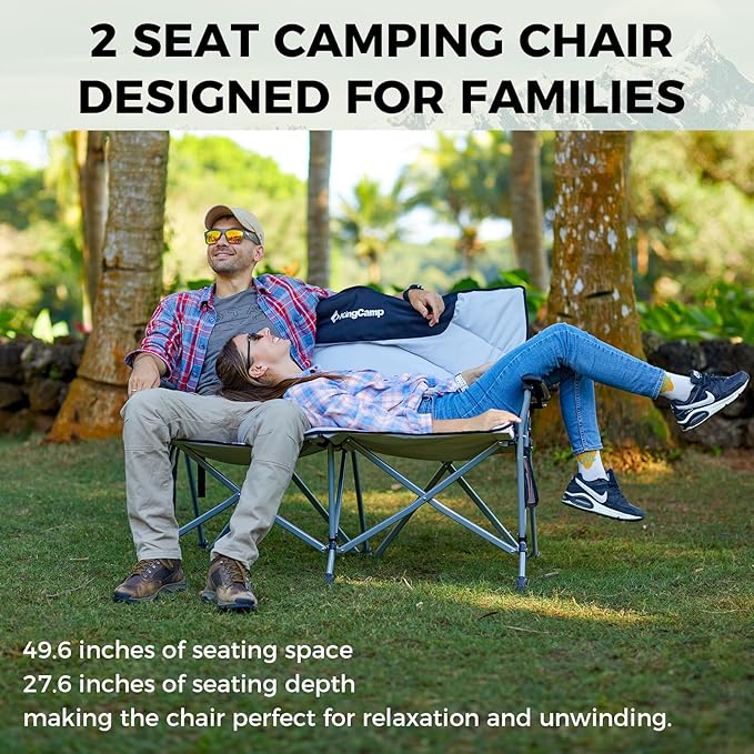 KingCamp Double Camping Chair, Oversized Heavy Duty Loveseat for Adults Portable Folding XL 2 Person Couch Padded Comfortable Two Seat with Cup Holder for Outdoor Lawn Backyard