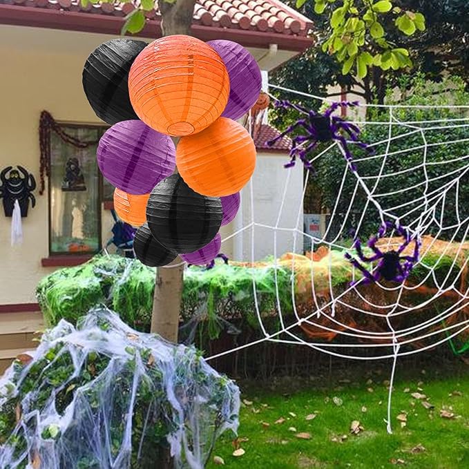 12 Pcs Paper Lanterns Halloween Party Decorations Orange Black Purple Halloween Hanging Paper Lanterns for Horror Party Indoor Outdoor Spooky Home Ceiling Yard Garden Decor Party Supplies Props