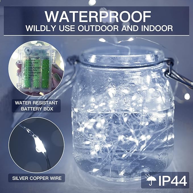 suddus 33ft 100 LED Outdoor String Lights, White Fairy Lights Battery Operated with Remote, Led Twinkle Lights for Bedroom, Backyard, Wedding, Tree, Mason Jar, Wall, Centerpiece, Christmas