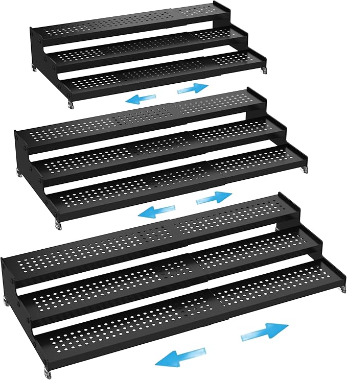 Expandable Spice Rack organizer with 3-Tier step shelf,Modern Design heavy duty,Non Skid and Visibility ,Great for Kitchen Cabinet,Bathroom,dressing table,Cupboard, Pantry and more(3PACKS/BLACK)