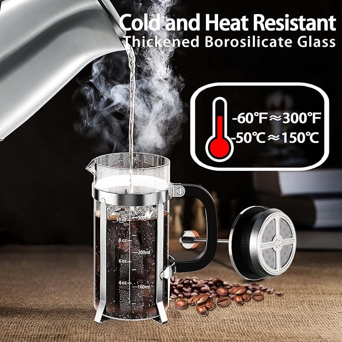 French Press Coffee Maker 304 Stainless Steel Coffee Press,with 4 Filters System, Heat Resistant Thickness Borosilicate French Press Glass, BPA-Free Brewed Tea Pot Coffee Plunger(Copper 12oz)