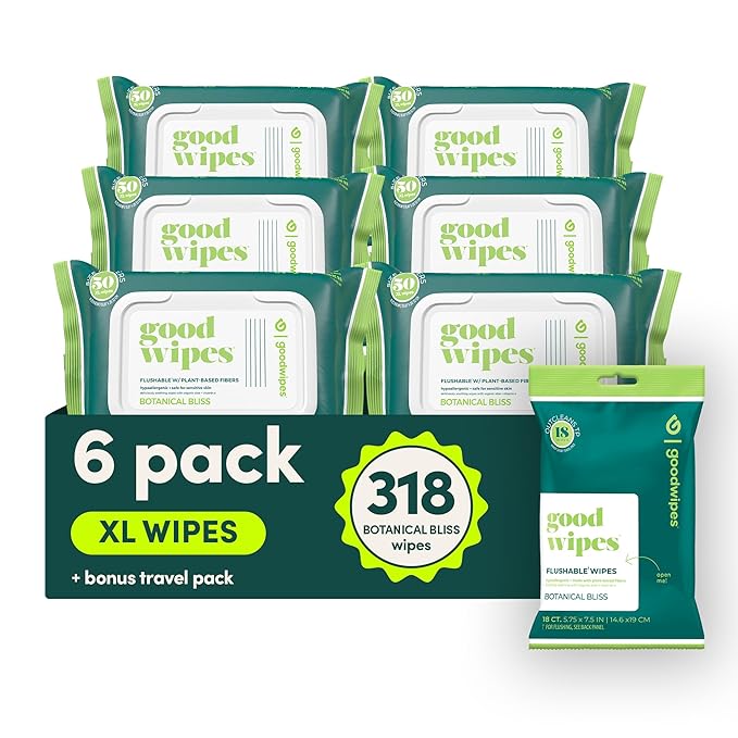 goodwipes Flushable Butt Wipes - Vitamin E & Aloe - Sewer & Septic Safe - Extra Large Adult Wet Wipes For Women & Men - Bathroom Essentials - Botanical Bliss, 318 Count (6 Packs + 1 Travel)