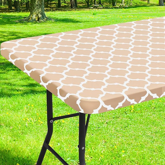 Smiry Rectangle Picnic Table Cover, Waterproof Elastic Fitted Camping Tablecloths for 4 Foot Tables, Wipeable Flannel Backed Vinyl Tablecloth Protector for Indoor, Outdoor (Khaki, 24x48 Inches)