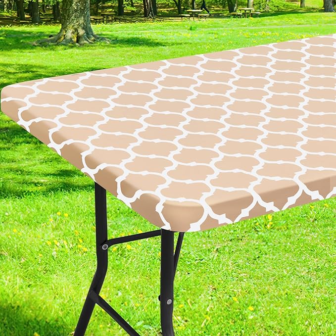 Smiry Rectangle Picnic Table Cover, Waterproof Elastic Fitted Camping Tablecloths for 6 Foot Tables, Wipeable Flannel Backed Vinyl Tablecloth Protector for Indoor, Outdoor (Khaki, 36x72 Inches)