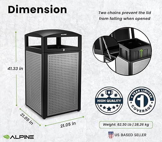 Alpine Outdoor Commercial Trash Can with Lid - 40 Gallon Heavy Duty Metal Garbage Can with Removable Bin, Locking Lid for a Modern Look in Parks, Malls, Parkings & High Traffic Areas (Black & Grey)