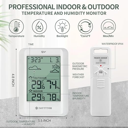 Outdoor Thermometer Weather Stations Wireless High Precision Temperature Humidity Gauge Monitor with 330ft Range Remote Sensor,Wireless Digital Hygrometer,Outdoor Thermometer Waterproof,White
