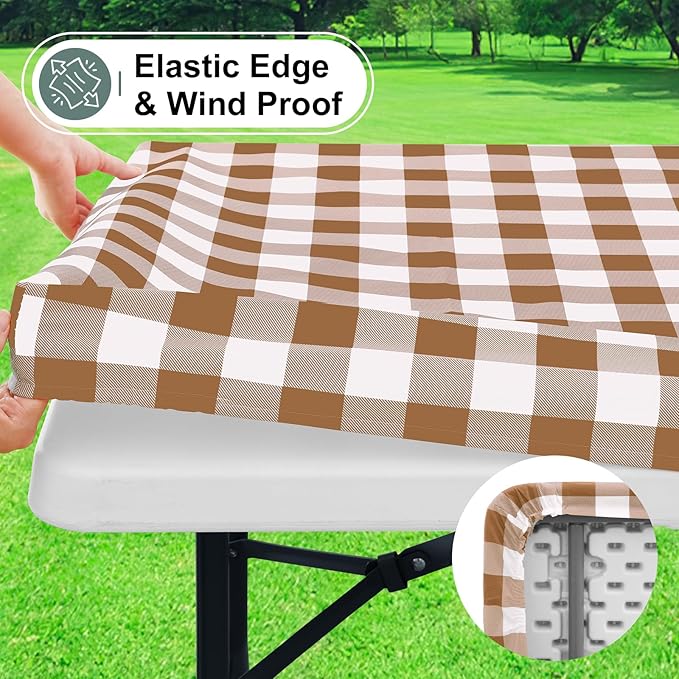 misaya Buffalo Rectangle Picnic Tablecloth, 6 Foot Elastic Fitted Vinyl Table Cloth with Flannel Backing, Waterproof Plaid Table Covers for Dining, Camping, Outdoor (Brown and White, 30" x 72")