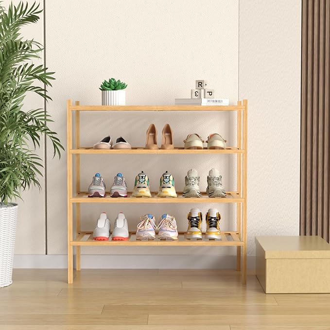 4 Tier Bamboo Shoe Rack for Closet Free Standing Wood Shoe Shelf for Entryway Small Space Stackable 27"x11"x26" (Natural)