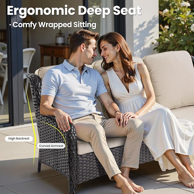 ovios 8 Pieces Patio Furniture Set, Outdoor Wicker Sofas with 2 Chairs, 4 Ottomans and Comfy Cushions, All Weather High Back Couch Set for Deck Porch, Brown Rattan, Beige