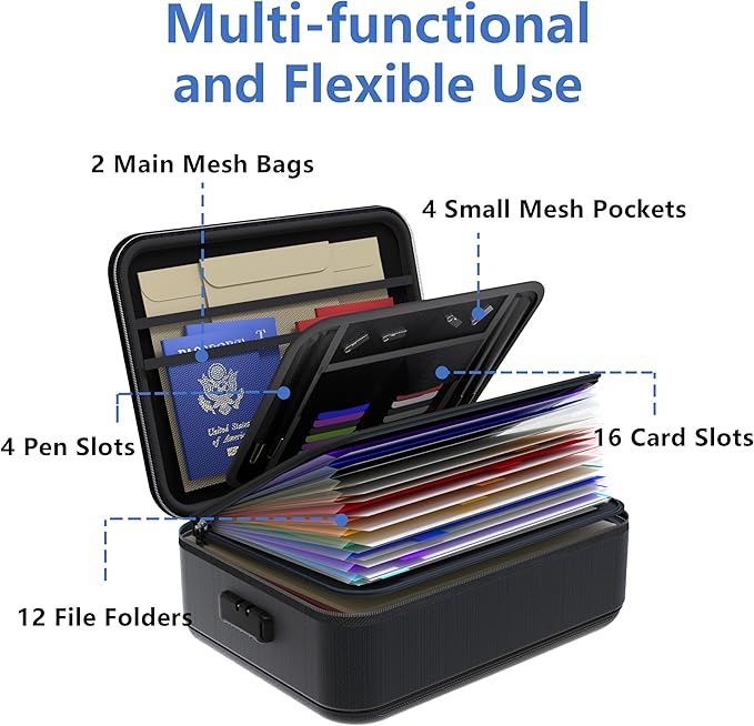 TIGERKING Fire Proof Document Safe Box with Lock and Handle – Fireproof Document Box Organizer with Hard Shell, Portable Fireproof Safe for Home Documents, Certificates, Laptop, and File Storage-Black