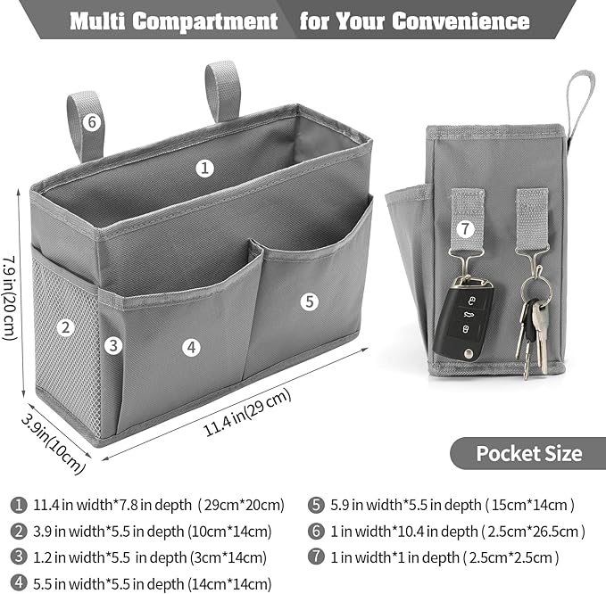 Bunk Bed Organizer, Bedside Caddy Hanging Bed Organizer Storage Bag with 4 Pockets and 2 Hooks, for College Dorm Rooms Bed, Hospital Bed, Baby Bed Rails, 600D Oxford Cloth (Gray)