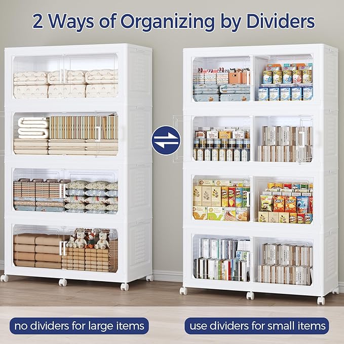 200GAL Extra Large Storage Bins with Lid, 800Qt Stackable Closet Organizers and Drawers, Collapsible Storage Bins with Wheels, Folding Storages Cabinet for Home Bedroom Office, 5Pack White