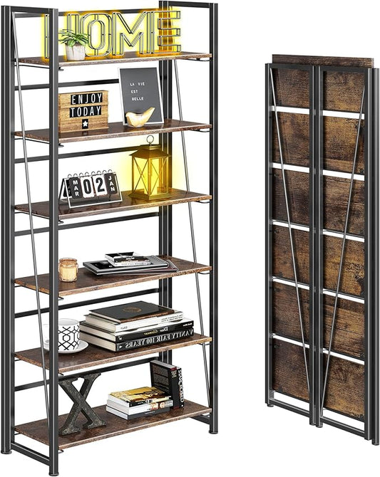 4NM No Assembly Folding Bookshelf, 6-Shelf 74" H Collapsible Foldable Bookcase Storage for Small Spaces, Rustic Brown and Black