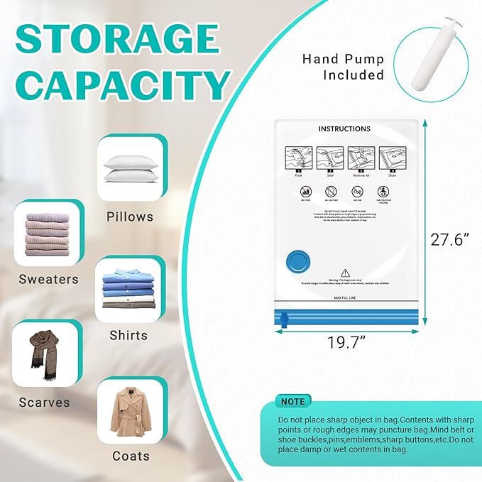 10 Pack Medium Vacuum Storage Bags Seal Bags for Bedding Clothing Compression Bags for Travel Blankets and Comforters Hand Pump Included