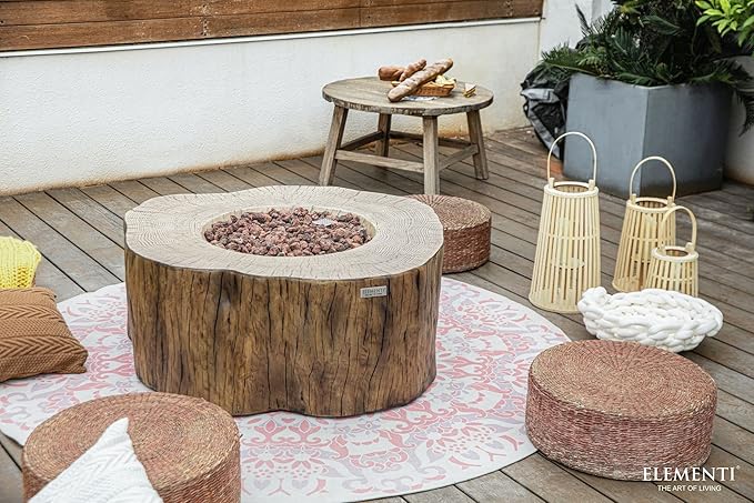 Elementi | Manchester Gas Fire Pit Cast Concrete Semi-Round Fire Table, Outdoor Fire Pit Electronic Ignition | Canvas Cover, Lava Rock Included | Red Wood | Natural Gas