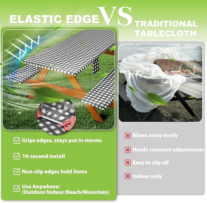 Fitted Picnic Table Cover with Bench Covers Waterproof Elastic Edges Rectangle Patio Tablecloth Outdoor Camping Essentials Stuff Rv Accessories Summer Trip Travel Supplies Party Camper Gifts, 6 ft