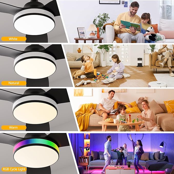 42 Inch Ceiling Fan with Light and Remote, Modern 3 Blade DC Motor Quiet Fan, Dimmable RGB LED, Reversible ABS Blades, for Bedroom Living Room(Black)