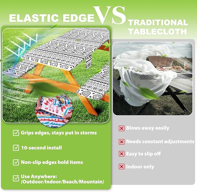 Fitted Picnic Table Cover with Bench Covers Vinyl Waterproof Elastic Edges Fitted Rectangle Tables Patio Tablecloth Camping Gear and Essentials Rv Accessories Road Trip Supplies Car Travel Must Haves