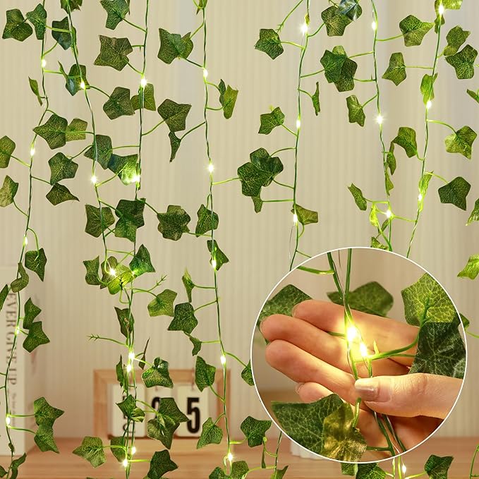 Vine with Fairy Lights for Room Decor, 33ft 100 LED Fake Ivy String Light Battery Operated Ivy Curtain Lights for Dorm, Wedding, Party, Garden, Wall, Patio,Table Decor, Indoor, Outdoor(Warm White)