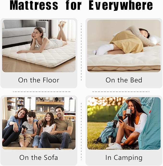 Japanese Floor Futon Mattress, Tatami Mat Sleeping Pad, Shikibuton, Mattresses Topper, Boys Girls Roll Up Dormitory Mattress, Foldable & Portable Floor Lounger Bed, Guest Bed (Cream, Queen)