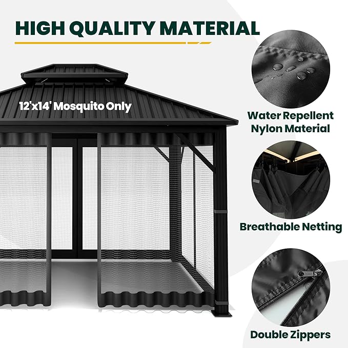 Gazebo Universal Replacement Mosquito Netting, Upgrade 12' x 14' Outdoor Canopy Net Screen 4-Panel Sidewall Curtain, with Zippers, Easy to Install, Fit for Most Gazebo 12x14 Canopy, Black