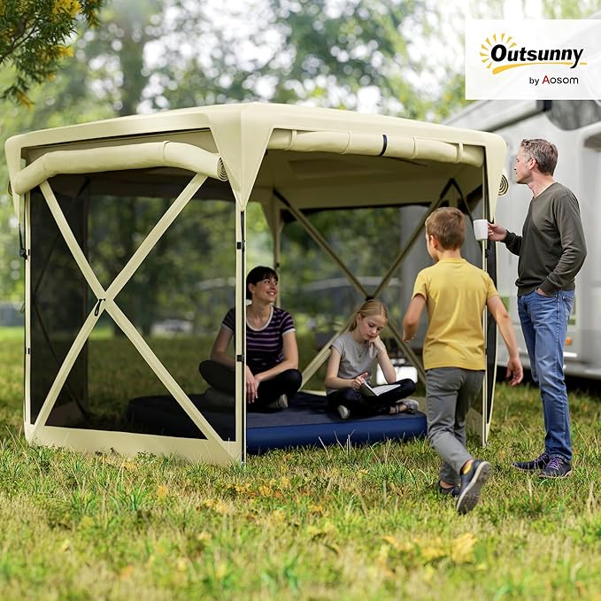 Outsunny Pop Up Gazebo Screen Tent House, 11 x 11ft with UPF30+ Removable Roof Cover, 4 Roll-up Wind Panels and Carry Bag for Camping, Patio, Backyard, Lawn, Beige
