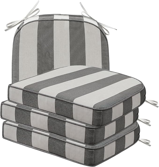 Round Corner Seat Cushions, 17" x 16" x 2", Set of 4, Indoor Outdoor Water Repellent Universal Chair Pads with Ties for Patio Furniture, Garden Deck Dining Chairs, Gray Stripe