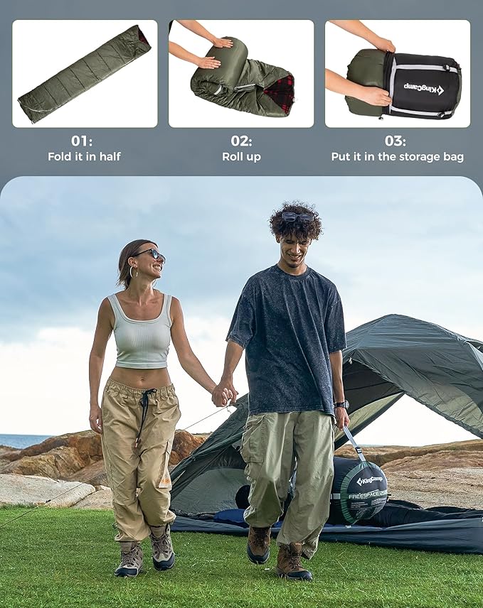 KingCamp Double Sleeping Bag for Adults, Queen Size 2 Person XXL Flannel Sleeping Bag, Waterproof Lightweight Flannel Quilt with 2 Pillows, Perfect for Couples Family Camping Hiking