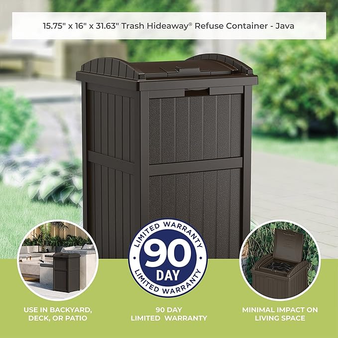 Suncast Trash Hideaway Durable Plastic Outdoor Garbage Waste Trash Can with Lid for 30 to 33 Gallon Trash Bags, Java Brown (2 Pack)