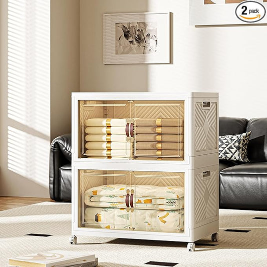 268 QT / 67 Gal Collapsible Storage Bins with Wheels & Magnetic Doors - Stackable Plastic Cabinet Organizer for Home, Garage, Closet (White Space-Saving Containers)