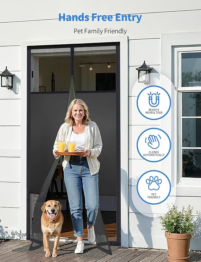 Magnetic Screen Door with Privacy Protection, Thick PET Mesh Screen Fit for Door Size 36x80 Inch, Pet Friendly Screen Curatin for Doorway to Keeps Bugs Out