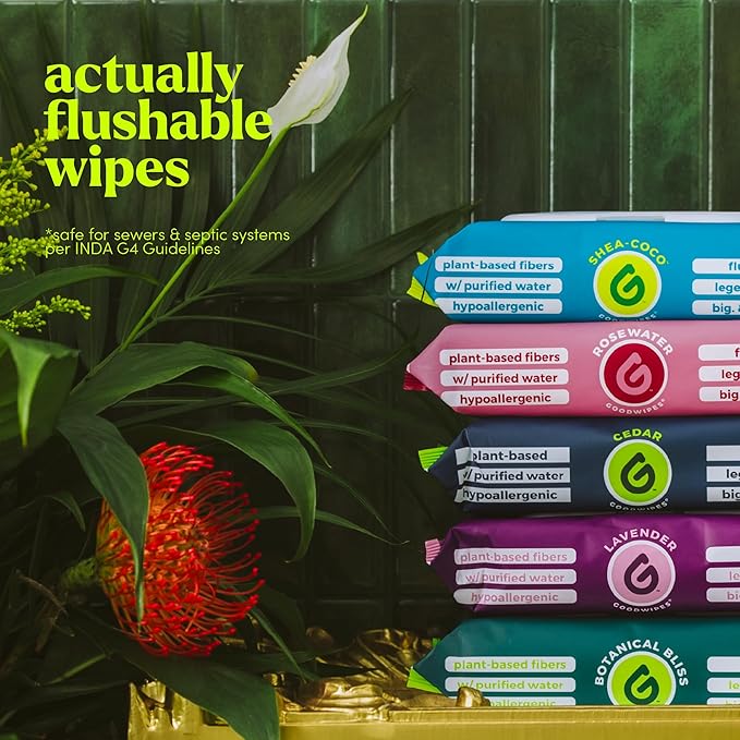 goodwipes Flushable Butt Wipes - Vitamin E & Aloe - Sewer & Septic Safe - Extra Large Adult Wet Wipes For Women & Men - Bathroom Essentials - Shea-Coco, 318 Count (6 Packs + 1 Travel)