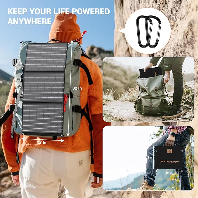 30W Portable Solar Charger Foldable Solar Panel with USB C and USB A 18V MC4 12V DC for Camping Backpacking Travel Fast Charging for iPhone LG Google Cell Phone Power Bank Generator Power Station