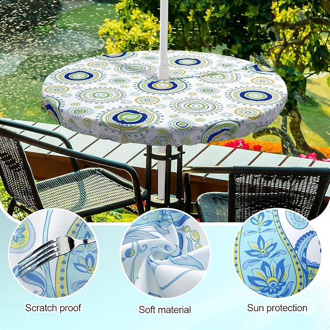 2 Pcs Round Outdoor Tablecloth with Umbrella Hole - Anti-wrinkle Polyester Tablecloth with Elastic Zipper Table Cover for Summer Patio Camping Party(45''-53'',Paisley, Floral Circle)