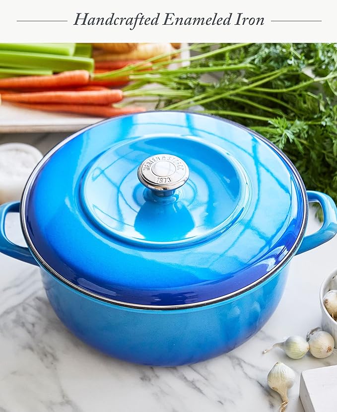 Merten & Storck 7QT Round Dutch Oven Casserole Pot with Lid, European Crafted Enameled Iron Stockpot, Induction & All Cooktops, Braising, Stews, Roasting, Slow Cooking, Sourdough, Caribbean Blue
