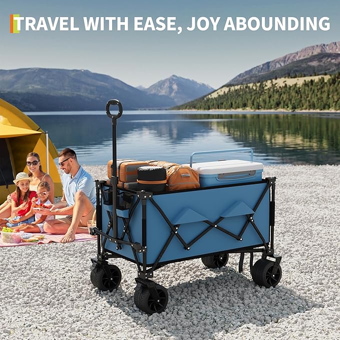 Heavy Duty Foldable Wagon for Beach, Extra Large Collapsible Foldable Wagon for Camping, All Terrain Beach Wagons Extended with Cup Holders for Sand