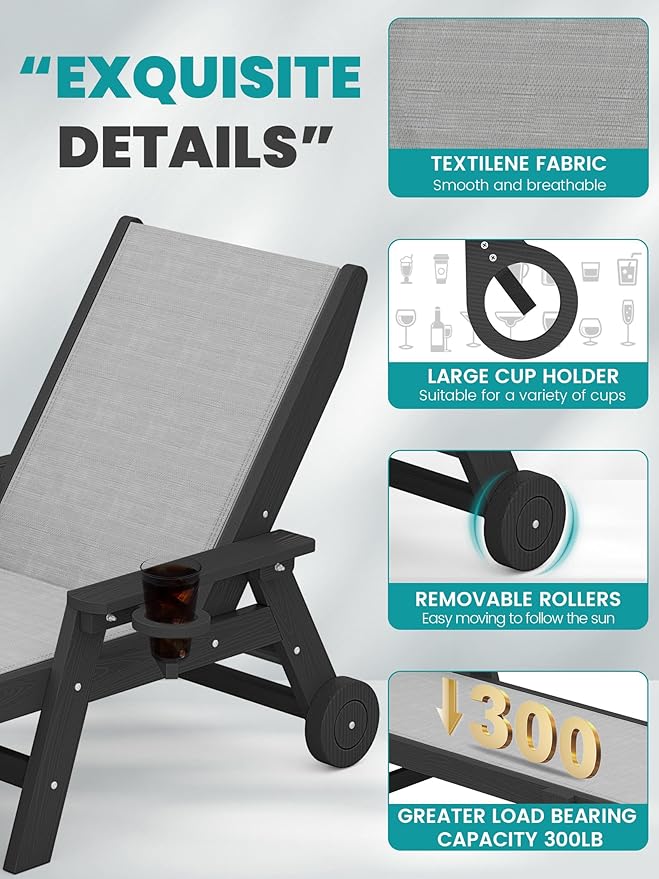 SERWALL Textilene Patio Chaise Lounge Chair Set of 2, 5 Positions Outdoor Lounge Chair with Rolling Wheels for Pool, Deck, Black