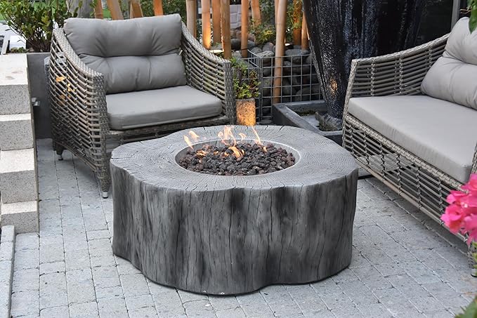 Elementi | Bundle Manchester Gas Fire Pit Cast Concrete Semi-Round Fire Table, Outdoor Fire Pit Electronic Ignition | Canvas Cover, Lava Rock Included | Classic Gray (Natural Gas)