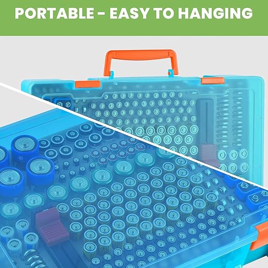 Battery Organizer Storage Holder- Batteries Case Containers Box with Tester Checker BT-168. Garage Organization Holds 225 Batteries AA AAA C D Cell 9V 3V Lithium LR44 CR2 CR1632 CR2032 (Green)