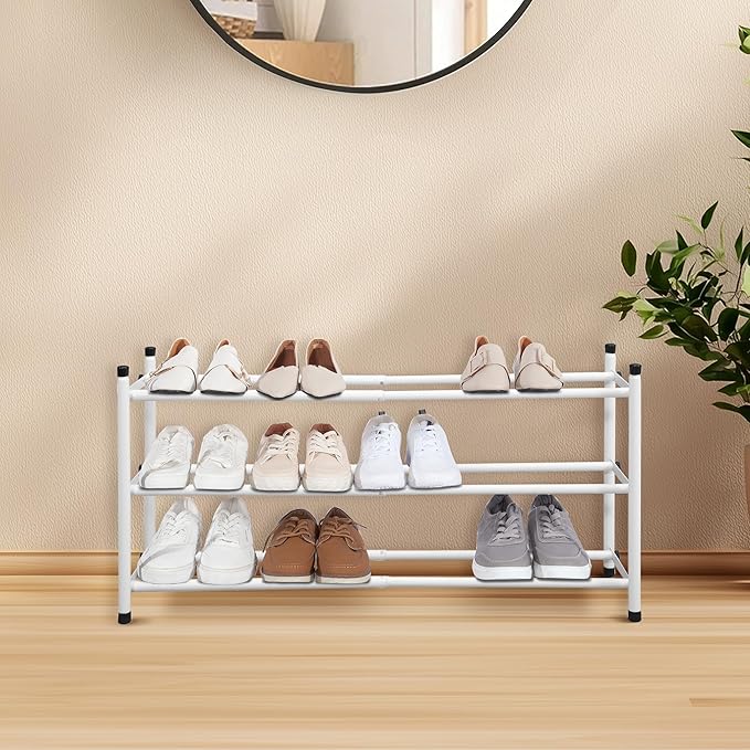STORAGE MANIAC Expandable Shoe Rack, 12 Pairs Stackable Small Shoe Rack, Metal Adjustable Shoes Organizer for Closet, Entryway, Hallway, Garage, Front Door, Shoes Shelves, White 3 Tier